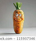 An animated carrot with a happy face and leafy greens, showcasing a fun and playful expression against a white background, blending natural beauty with whimsical creativity. 115937346