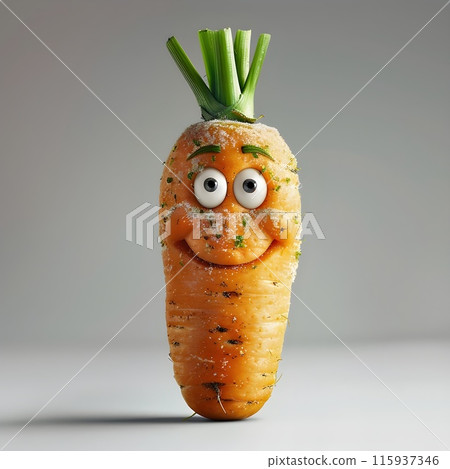 An animated carrot with a happy face and leafy greens, showcasing a fun and playful expression against a white background, blending natural beauty with whimsical creativity. 115937346