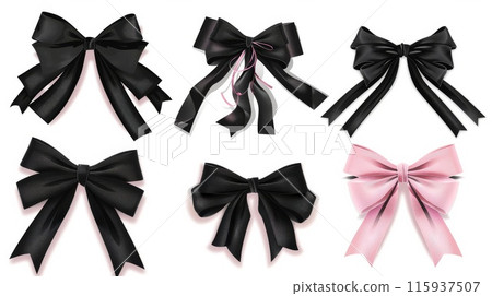 Emo pink bow set. Y2k style. Goth subculture coquette isolated on white background. Ai generative 115937507