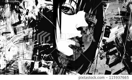 Cool grungy y2k anime manga collage set with a negative photocopy effect . Rough brutal elements for 90s vintage design. Ai generation. 115937665