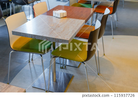 Fast food restaurant furniture, colorful chairs and tables 115937726