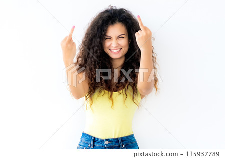 Gorgeous young girl showing middle fingers Gorgeous young girl showing middle fingers 115937789