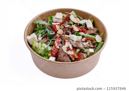 Salad with veal and tofu on a white background, for a food delivery site 1 115937846