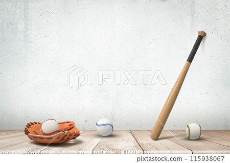 3d rendering of baseball, bat and glove on wooden floor 3d rendering of baseball, bat and glove on wooden floor 115938067