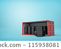 3d rendering of red shipping container filled with black fuel barrels on blue background 115938081