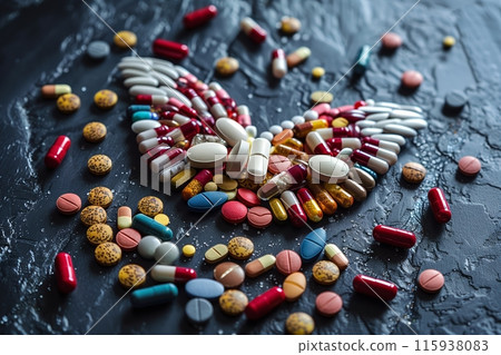 Assortment of pills in heart shape on dark background Assortment of pills in heart shape on dark background 115938083