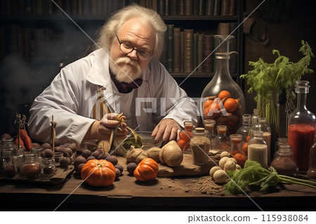 Alchemist in a vintage lab with herbs and potions Alchemist in a vintage lab with herbs and potions 115938084