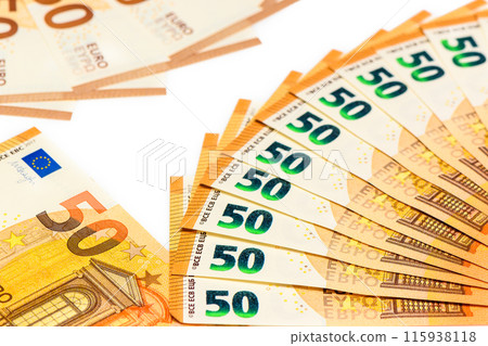 Fan of 50, euro isolated on white background. Euro money notes. Fan of euro banknotes isolated. 115938118