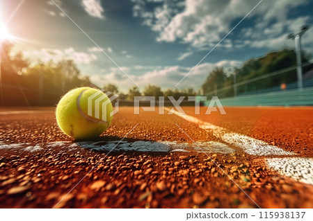Close-up Tennis Ball on Clay Court Close-up Tennis Ball on Clay Court 115938137