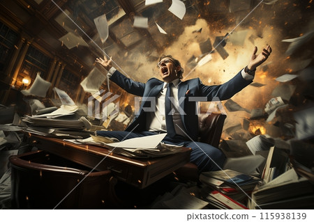 Explosion of papers around businessman in distress 115938139
