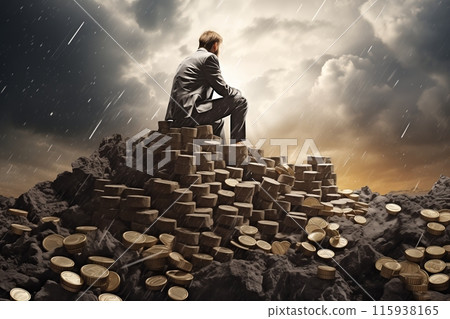 Businessman climbing a mountain of coins 115938165