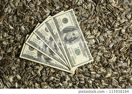 Dollars banknotes and sunflower seeds, oleaginous Commodity value concept. Dollars banknotes and sunflower seeds, oleaginous Commodity value concept. 115938184