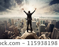 Businessman Triumphantly on City Skyline 115938198