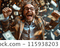 Delighted man celebrating in a money downpour 115938203