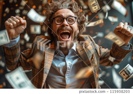 Delighted man celebrating in a money downpour 115938203