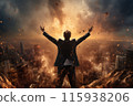 Person standing on mountaintop amidst explosive backdrop 115938206