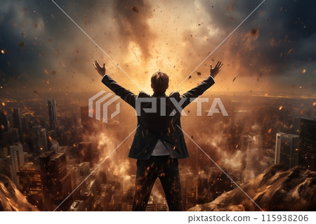 Person standing on mountaintop amidst explosive backdrop 115938206