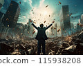 Man celebrating amidst explosive backdrop 115938208