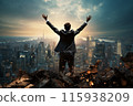 Individual standing on debris over cityscape 115938209