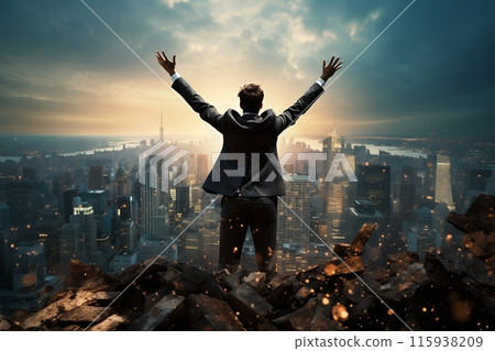 Individual standing on debris over cityscape 115938209