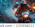 Motorcyclist racing through splashing water 115938211
