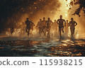 Runners racing through water at sunset 115938215