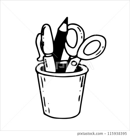 Pens and scissors in a mug. Black and white drawing in sketch style, vintage graphic Pens and scissors in a mug. Black and white drawing in sketch style, vintage graphic 115938395