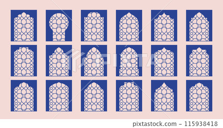 Abstract geometric pattern on windows, arch, arc, frame, door. Floral thin line ornament. 115938418