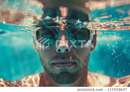 Underwater closeup shot of a swimmer. Bubbles underwater in swimming pool 115938647