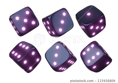 Casino gambling game dice. Iridescent dice with neon colors. Purple dice. 3d render Casino gambling game dice. Iridescent dice with neon colors. Purple dice. 3d render 115938809