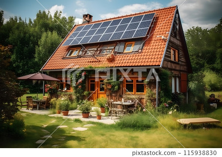 Solar panels on a private house. Neural network AI generated art 115938830