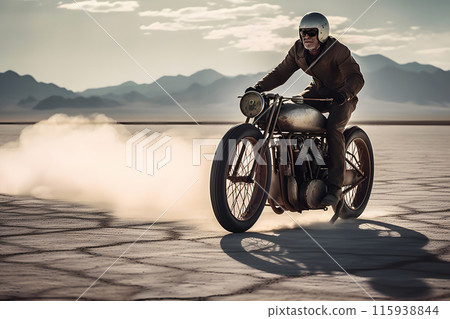 Motorcyclist riding through Uyuni salt flat desert. Neural network AI generated art 115938844