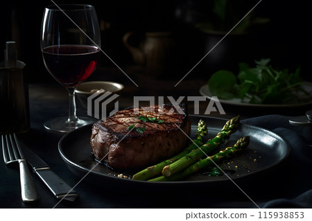 still life dinner with gourmet grilled steak and spices. Neural network AI generated art 115938853