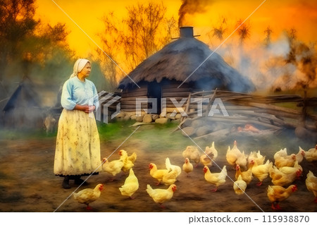 Woman and chickens in the village cartoon style. Neural network AI generated art 115938870