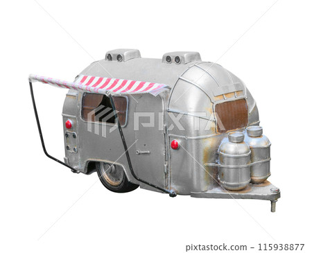 [Material] Cutout of a retro toy Airstream trailer with an awning on a white background. 115938877