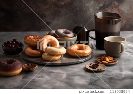 Still life with coffee and donuts. Neural network AI generated art 115938934
