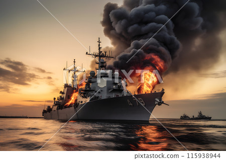 War concept. Night battle scene at sea. warship on fire. Neural network AI generated art 115938944