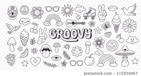 Vector Vintage Black and White Groovy Icons, Design Elements for Poster, Sticker Design. Retro Symbol in Hippie 70s Style, Mushroom, Flowers, Eye, Anti-War Peace Symbols. Vector Illustration 115938967