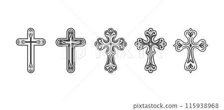 Flat Vector Black Christian Cross Icons Set Isolated on a White Background. Line Silhouette Cut Out Christian Crosses Collection Flat Vector Black Christian Cross Icons Set Isolated on a White Background. Line Silhouette Cut Out Christian Crosses Collection 115938968