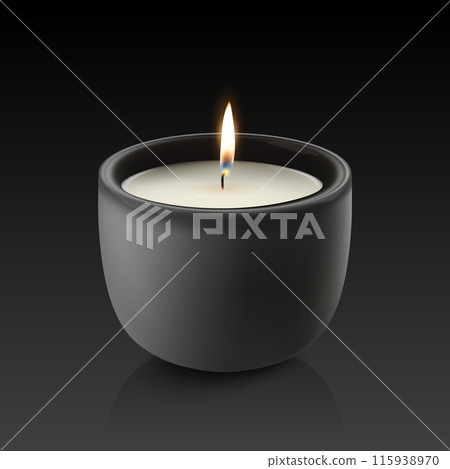 Vector 3D Realistic Paraffin Wax Burning Party Spa Candle and Burning Flame Closeup. Candle, Candle Flame Design Template for Relaxation, Wellness and Celebration Concept, Front View Vector 3D Realistic Paraffin Wax Burning Party Spa Candle and Burning Flame Closeup. Candle, Candle Flame Design Template for Relaxation, Wellness and Celebration Concept, Front View 115938970