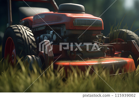 Lawn mower cut grass. Garden work. Electric Rotary lawn mower machine. Neural network AI generated art Lawn mower cut grass. Garden work. Electric Rotary lawn mower machine. Neural network AI generated art 115939002