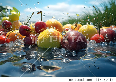 Tropical fruits fall deeply under water with a big splash. Neural network AI generated art 115939018