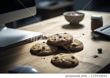 Chocolate cookies on wooden table closeup. Neural network AI generated art 115939042