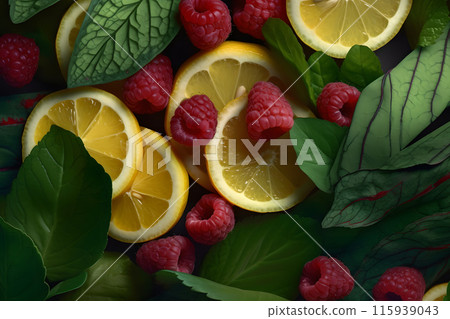 Background with raspberry, lemon and mint. Neural network AI generated art 115939043