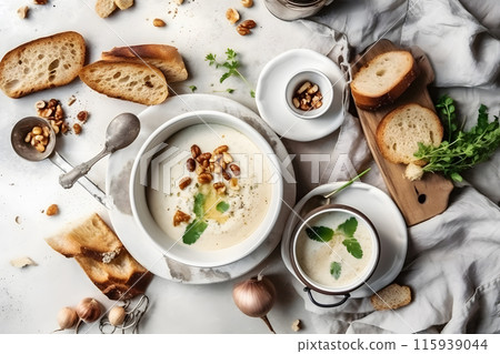 Creamy Soup with Crispy Garlic Bread Baguette. Neural network AI generated art 115939044