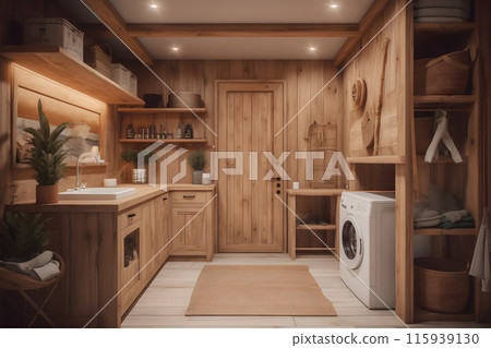 Modern washing machines in a wooden interior. Neural network AI generated art 115939130