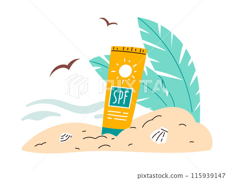Summer sunscreen cream UV sunblock product placed on beach 115939147