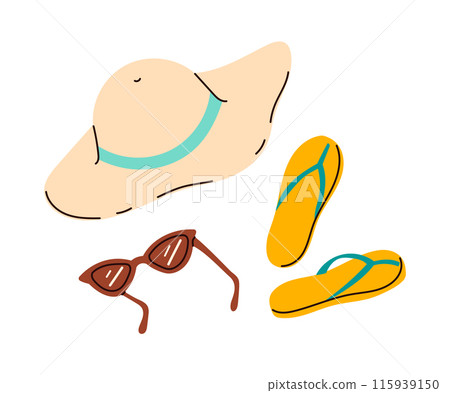 Beach accessories vector icons Summer holidays sea recreation hat, sunscreen, glasses, slippers Beach accessories vector icons Summer holidays sea recreation hat, sunscreen, glasses, slippers 115939150