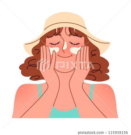 A woman applies sunscreen to her face SPF cream protection A woman applies sunscreen to her face SPF cream protection 115939156