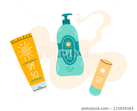 Summer sunscreen products SPF protection sun safety lotion, cream, lipstick Summer sunscreen products SPF protection sun safety lotion, cream, lipstick 115939165